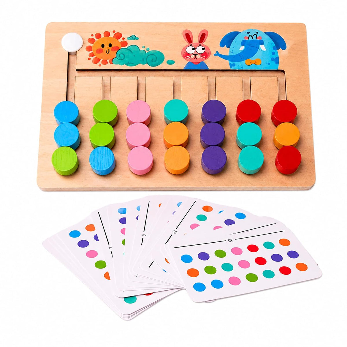 Wooden Colour Matching Puzzle Game – Montessori Colour Sorting & Pattern Matching Board | 10 Challenge Cards