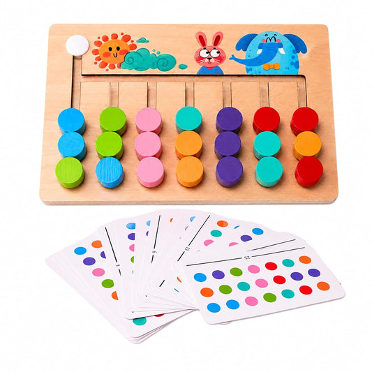 Wooden Colour Matching Puzzle Game – Montessori Colour Sorting & Pattern Matching Board | 10 Challenge Cards