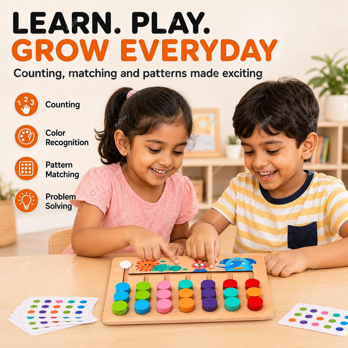Wooden Colour Matching Puzzle Game – Montessori Colour Sorting & Pattern Matching Board | 10 Challenge Cards