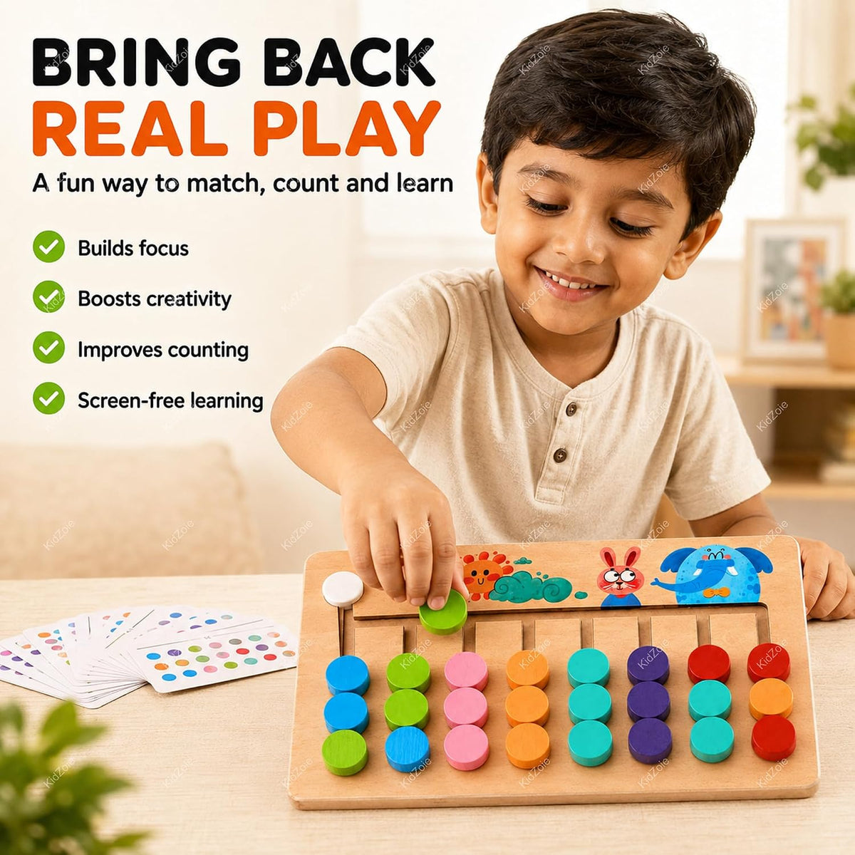Wooden Colour Matching Puzzle Game – Montessori Colour Sorting & Pattern Matching Board | 10 Challenge Cards