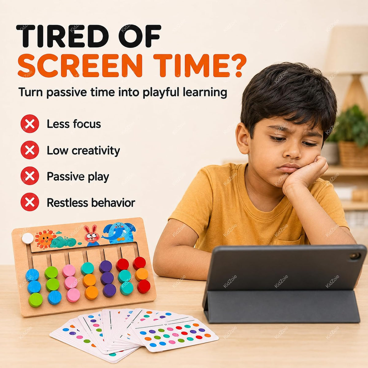 Wooden Colour Matching Puzzle Game – Montessori Colour Sorting & Pattern Matching Board | 10 Challenge Cards