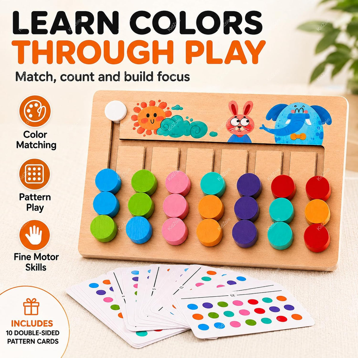 Wooden Colour Matching Puzzle Game – Montessori Colour Sorting & Pattern Matching Board | 10 Challenge Cards