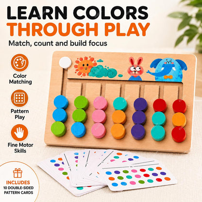 Wooden Colour Matching Puzzle Game – Montessori Colour Sorting & Pattern Matching Board | 10 Challenge Cards