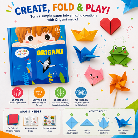 Kids Origami Paper Craft Kit – 56 Creative Designs with 3 Sheets Each