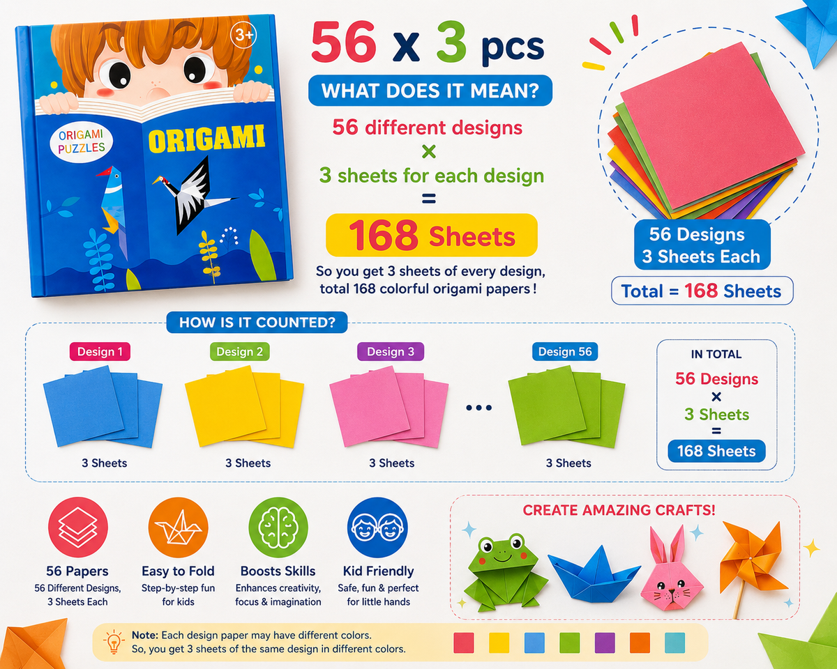 Kids Origami Paper Craft Kit – 56 Creative Designs with 3 Sheets Each