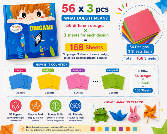 Kids Origami Paper Craft Kit – 56 Creative Designs with 3 Sheets Each