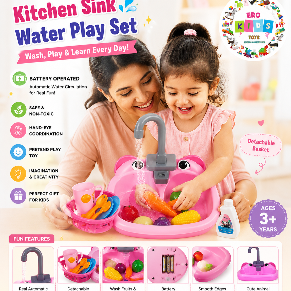 Kids Kitchen Sink Playset – Pretend Cooking & Washing Toy