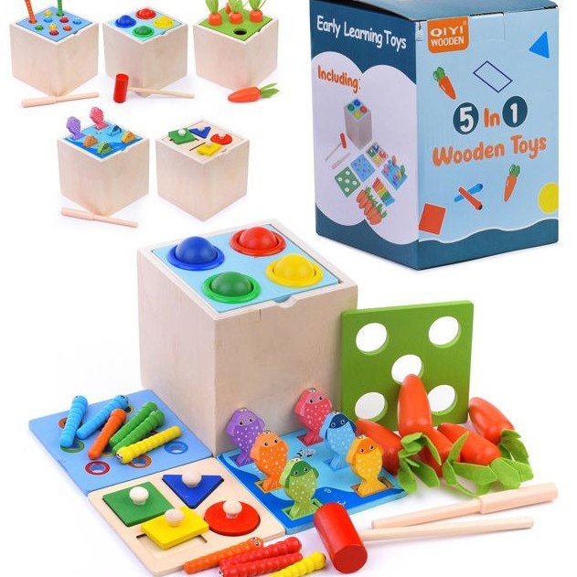 5-in-1 Montessori Wooden Activity Toy for Kids | Educational Learning Toy | Shape Sorting, Fishing, Hammering & Carrot Harvest | Wooden Toy for Toddlers (1-4 Years)