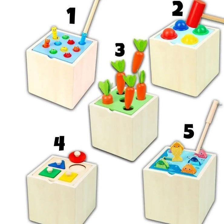 5-in-1 Montessori Wooden Activity Toy for Kids | Educational Learning Toy | Shape Sorting, Fishing, Hammering & Carrot Harvest | Wooden Toy for Toddlers (1-4 Years)