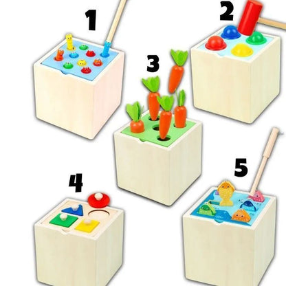 5-in-1 Montessori Wooden Activity Toy for Kids | Educational Learning Toy | Shape Sorting, Fishing, Hammering & Carrot Harvest | Wooden Toy for Toddlers (1-4 Years)
