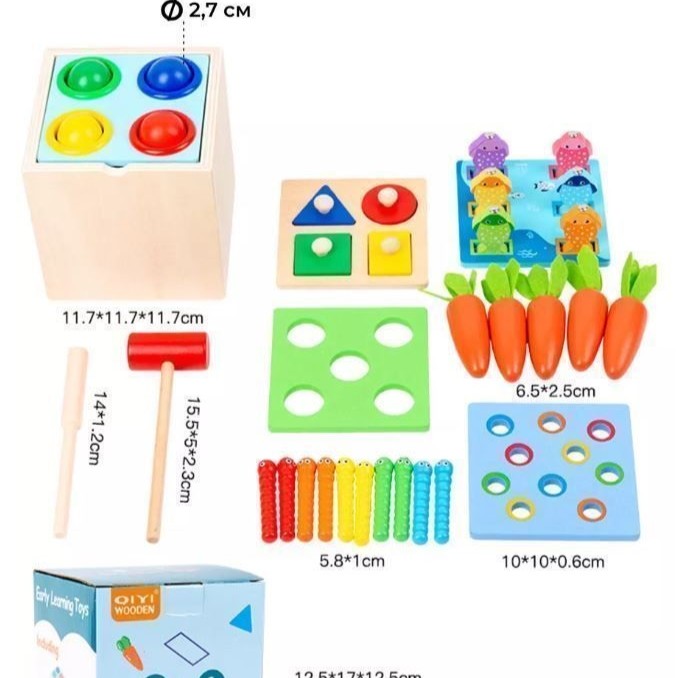 5-in-1 Montessori Wooden Activity Toy for Kids | Educational Learning Toy | Shape Sorting, Fishing, Hammering & Carrot Harvest | Wooden Toy for Toddlers (1-4 Years)