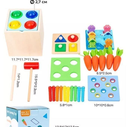 5-in-1 Montessori Wooden Activity Toy for Kids | Educational Learning Toy | Shape Sorting, Fishing, Hammering & Carrot Harvest | Wooden Toy for Toddlers (1-4 Years)