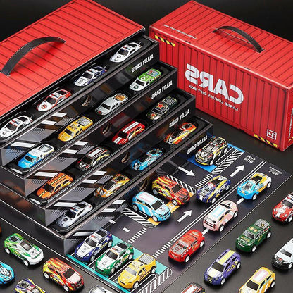 48-Piece Pull Back Racing Cars Set with Container Storage & Play Mat